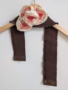 Brown Stretch Belt With Cream And Orange Pink Rosette Applique Roses Flowers